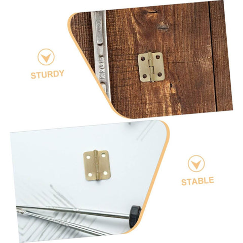 Mini Iron Hinges Hardware Kit With Screws For Wooden Jewelry Boxes And Small Cabinets, shown installed and uninstalled.