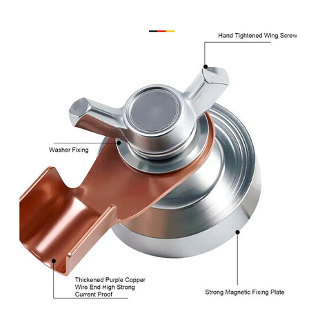 Close-up of Heavy Duty Magnetic Welding Ground Clamp Set With Strong Suction Brass And Stainless Steel Heads focusing on fixed washer and wing screw.