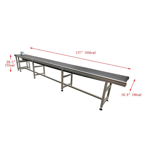 Heavy Duty Workhorse PVC Conveyor System With Wear Resistant Belt And Middle Support Roller 177 By 15.7 Inch Adjustable Speed From 13 To 65 Feet Per Minute Rubber Leg Stand 110V Great For Coding Marking And Packaging, 177in conveyor side view