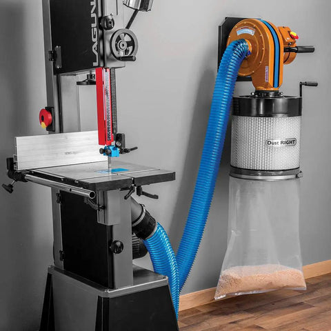 4 Inch Dust Collection Hose for Wood Shop and Shop Vac connected to dust collector and band saw, blue stretchy hose, wood shop setup.