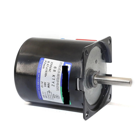 High Torque Synchronous Motor With 28 Watts And 220 Volt Ac Serving Up Serious Muscle Through A Bulletproof Metal Gearbox Tied To A Seven Millimeter Eccentric Shaft For Pain Free Diy Home Repairs And Quick Swaps, showing the motor's casing, label, and shaft.