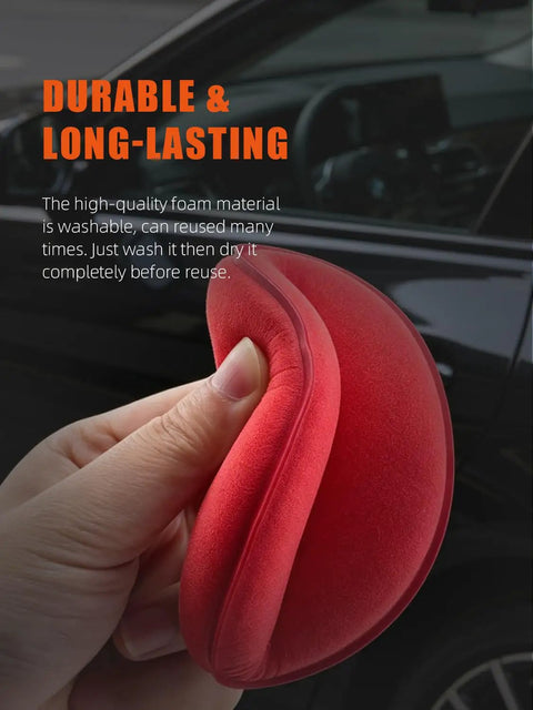 Hand holding a red foam pad from the 10 Pack Foam Wax Applicator Pads For Car Detailing, 4 Inch Red Hand Wax Pads, Soft Detailing.