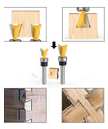 Game Changing Dovetail Router Bit With Precision Stepped Rabbet Design For Slick Woodworking Joints And Snappy Dust Clear Out Heavy Duty Shop Ready Tool showing angled views and cut samples.
