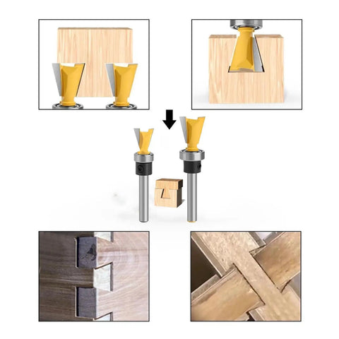 Game Changing Dovetail Router Bit With Precision Stepped Rabbet Design For Slick Woodworking Joints And Snappy Dust Clear Out Heavy Duty Shop Ready Tool showing angled views and cut samples.