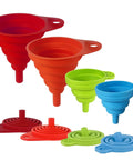 Four Pack Foldable Silicone Funnels Designed To Ditch The Drips And Streamline Liquid Transfers, vibrant colors and sizes, practical for kitchen use.