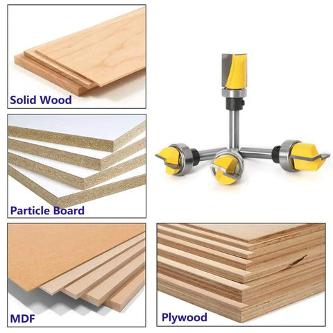 Four Piece Quarter Inch Shank Hinge Mortising Flush Trim Template Router Bit Set for wood like MDF, plywood, and solid wood.