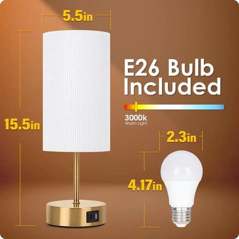 Touch Control Bedside Lamp With USB Port For Bedroom Wood Nightstand Light 3 Way Dimmable Desk Table Lamp Round Pleated Lampshade For Living Room Dorm Home Office LED Bulb Included, showing lamp dimensions and E26 bulb
