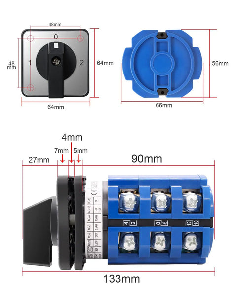 Built Tough Multi Transfer Switch 660V 63A 3 Position Changeover With 12 Terminals For RV Camper And Boat Electrical System Durable Copper Core Rotary Switch For Reliable Power Switching, 64mm front view