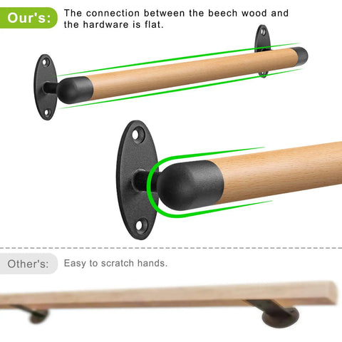 Forever Built Wood Handrail For Indoor Stairs With Wall Mount And Heavy Duty Metal Brackets 26 Inch Round 1.3 Inch Diameter