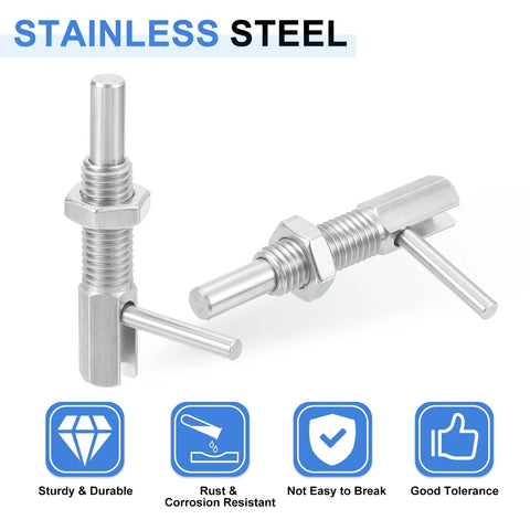 Pair Of Heavy Duty M12 Retractable Indexing Plunger Pins With Nuts Rugged Stainless Steel Spring Loaded Latch Telescopic Locking Pin professional grade hardware shown.
