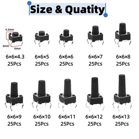 250 Piece 10 Value 6x6mm Tactile Push Button Switch Kit For Arduino And Breadboard Projects, Micro Momentary 4 Pin Tact Switches