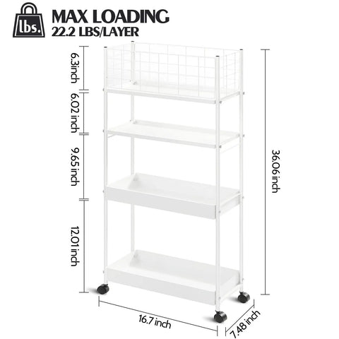 Slim 4 Tier Metal Rolling Cart With Wheels Space Saver For Narrow Spaces, Mobile Shelving Unit, Bathroom Kitchen Laundry Organizer