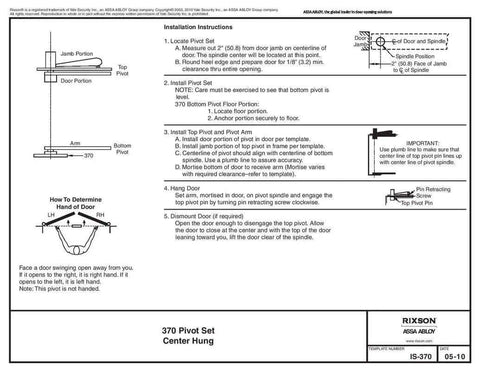 Installation instructions for Center Hung Pivot Door Hinge Set, including diagrams for model 370, ANSI A156.4 certified, satin chrome finish.