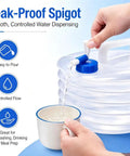 Person using Go-To Collapsible Water Container With Spigot For Travel And Camping, 5/10/15 Liter to pour water into cup