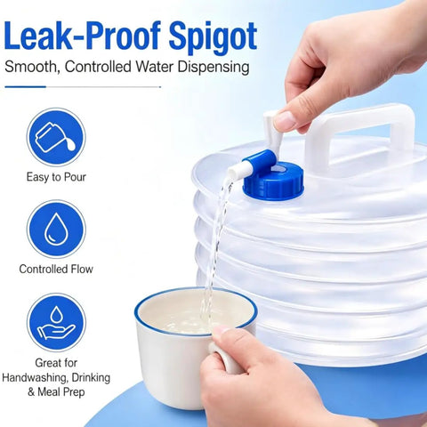 Person using Go-To Collapsible Water Container With Spigot For Travel And Camping, 5/10/15 Liter to pour water into cup