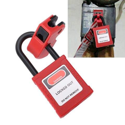 Two Pack Circuit Breaker Lockout Device With Insulated Padlocks for small and medium breakers securing industrial equipment.