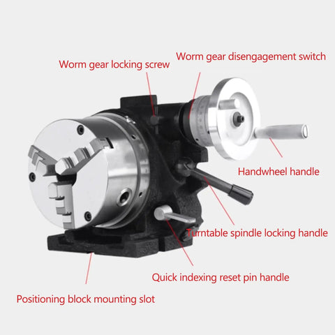 Quick Change Indexing Head Dead On Precise 360 Degree Rotary Table with labeled features for milling accessory use