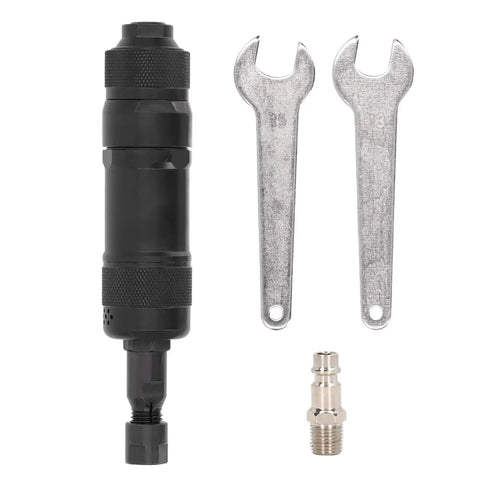 Heavy Duty Pneumatic Die Grinder Pumping 24000 RPM With A Precision Machined Chuck and two wrenches for tool adjustment.