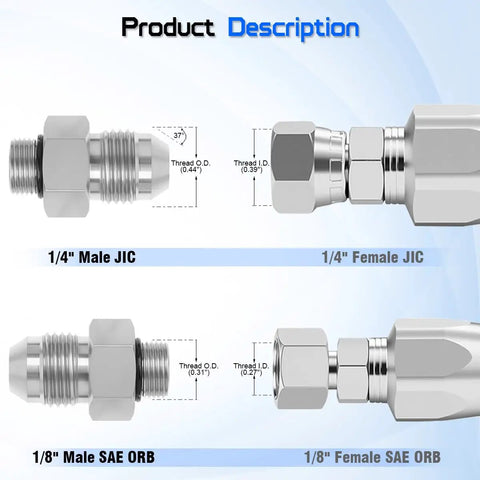 Hydraulic Adapter Fitting One Quarter Inch JIC 37 Degree Male To One Eighth Inch SAE ORB Male Straight Thread Converter For Hydraulic Systems Converts JIC Flare To ORB Ports, carbon steel
