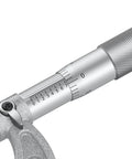 Close-up of Pro Grade Outside Micrometer Set With Four 0-1 Inch, 1-2 Inch, 2-3 Inch, 3-4 Inch Ranges, 0.0001 Inch Graduation, Alloy Precision Machinist Tools In Durable Case Gray, focusing on metallic dial and scale.