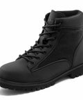 Black Sturdy Steel Toe Work Boots For Men And Women, Heat Resistant And Indestructible Safety Shoes For Construction And Outdoors, Anti Smash And Anti Puncture Protection With Kevlar Midsole And Washable Canvas And Synthetic Leather Upper, side view.