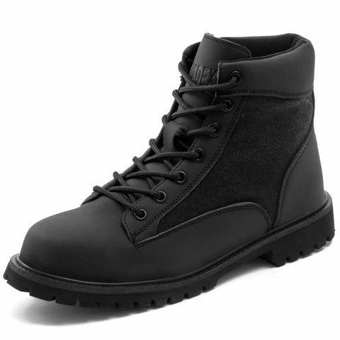 Black Sturdy Steel Toe Work Boots For Men And Women, Heat Resistant And Indestructible Safety Shoes For Construction And Outdoors, Anti Smash And Anti Puncture Protection With Kevlar Midsole And Washable Canvas And Synthetic Leather Upper, side view.