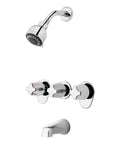 General Tub And Shower Trim Kit With 3 Handles In Polished Chrome Including Valve, Cartridge, Shower Arm And Flange And Pforever Seal Ceramic Disc Valve 5 Hole Install CALGreen Compliant Water Saving Must Have Bathroom Upgrade visible in chrome finish with showerhead, handles, and spout.