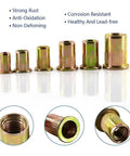 Yellow 100Pcs 1/4-20 Rivet Nuts Set, Carbon Steel UNC Flat Head Threaded Nut Inserts for Metal, product display with close-up views