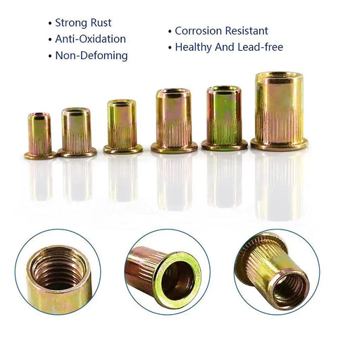 Yellow 100Pcs 1/4-20 Rivet Nuts Set, Carbon Steel UNC Flat Head Threaded Nut Inserts for Metal, product display with close-up views