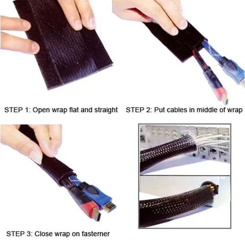 Steps to wrap cables in 2 Inch Side Entry Braided Cable Sleeve With Hook And Loop Fastener 10 Feet Black for neat management.