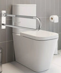 Built Like A Tank 32 Inch Toilet Grab Bar Featuring Anti Slip Brushed Nickel Finish Heavy Duty 500 Lb Wall Mount Safety Rail For Bathrooms And Accessible Living Spaces installed next to a toilet.