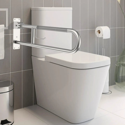 Built Like A Tank 32 Inch Toilet Grab Bar Featuring Anti Slip Brushed Nickel Finish Heavy Duty 500 Lb Wall Mount Safety Rail For Bathrooms And Accessible Living Spaces installed next to a toilet.