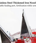 Stainless steel thickened iron nozzle of All In One Garden Seeder And Fertilizer Applicator Set, dual feeding port detail.