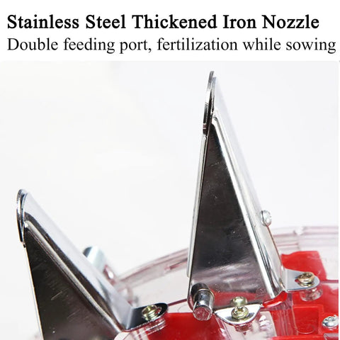 Stainless steel thickened iron nozzle of All In One Garden Seeder And Fertilizer Applicator Set, dual feeding port detail.