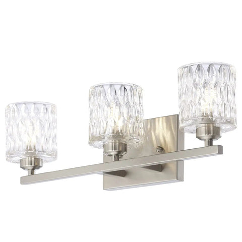 Sleek Modern Bathroom Light Fixtures With Three Crystal Glass Vanity Lights Over Mirror In Brushed Nickel Finish G9 Bulb Not Included