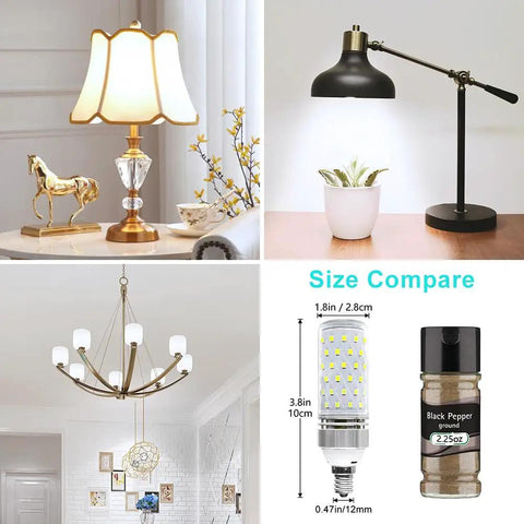 Super Bright E12 LED Corn Bulbs 16W 1500LM Daylight White 6000K CRI80 Plus Non Dimmable E12 Base 8 Pack Energy Saving Replacement shown in lamps and size comparison