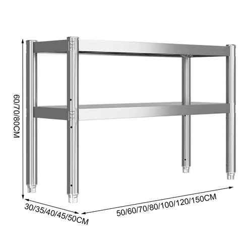 Heavy Duty Two Tier Stainless Steel Storage Rack Rust Resistant Boss Rack for Kitchen Office, side view showcasing dimensions and design.