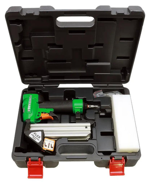 Slick 20 Gauge Pneumatic L Cleat Flooring Nailer Kit For Snapping Down Engineered And Hardwood Planks in carry case.