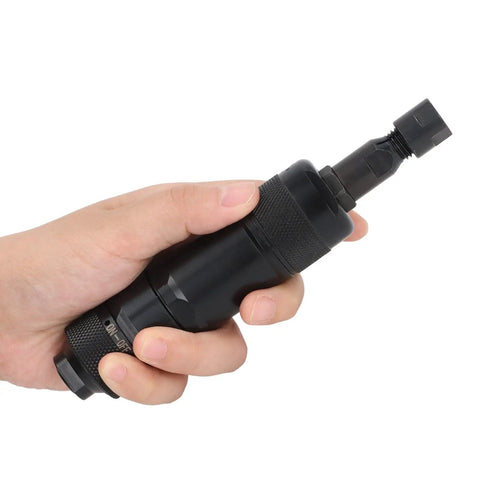 Heavy Duty Pneumatic Die Grinder held in hand, compact air powered tool with precision chuck for metal grinding.