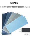 50 Pieces Of Premium Wet Dry Silicon Carbide Sandpaper Sheets With Assorted Grits for Woodworking and Auto Detailing.