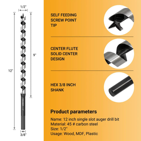 Half Inch By Twelve Inch Auger Drill Bit With Three Eighths Inch Hex Shank For Wood And Drywall Long Auger Bit
