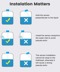 Installation guide for Smart WiFi Water And Oil Tank Level Sensor With Remote Alarm Monitor For Home Use, indicating correct and incorrect sensor placements.