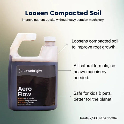 Liquid Lawn Aerator That Loosens Hard Clay Soil With No Equipment Needed Spray On Sprayer Included 32 Fl Oz Kids And Pets Safe Formula For Compacted Lawns And High Traffic Areas in bottle labeled 'Aero Flow' by Lawnbright