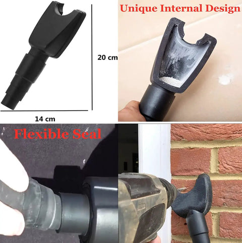 Hands Free Dust Collector Upgrade For Hole Saw Dust Extraction Tool Vacuum Attachment in use and product dimensions shown.