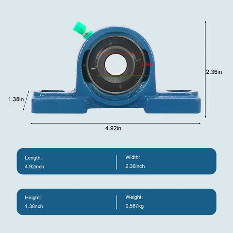 4 Pack UCP20210 Pillow Block Bearings with Five Eighths Inch Bore mounted on a solid cast iron base with measurement details
