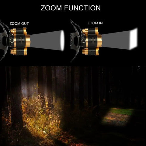 Rechargeable LED Headlamp With 2500 Lumens, Zoomable Beam, 4 Modes, showing zoom feature in dark forest setting