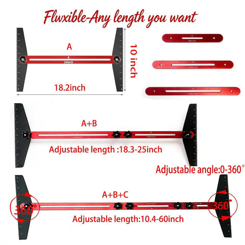 Adjustable Aluminum Stair Tread Template And Framing Gauge Jig with adjustable lengths and angles for precise carpentry measurements.