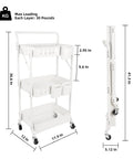 Three-Tier Folding Rolling Utility Cart With Wheels foldable storage organizer dimensions and side view in white.