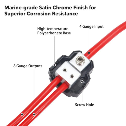 2 Way Mini Car Audio Power Distribution Block Ground Splitter 2 Pack, 4 to 8 Gauge In, 2x 8 to 10 Gauge Out, Brass Construction for Maximum Power Transfer, Marine Grade Satin Chrome Finish, High Temp Polycarbonate Base, shown with 4 gauge input and 8 gauge outputs