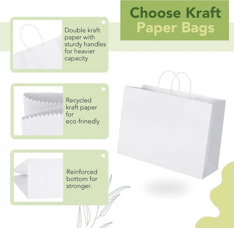 White Kraft Paper Gift Bags Bulk 300 Pack With Handles 16x6x12 Reusable Eco Friendly Recyclable For Biz Grocery Birthday Wedding Kids Party Favors Today, showing features like double kraft paper and reinforced bottom.